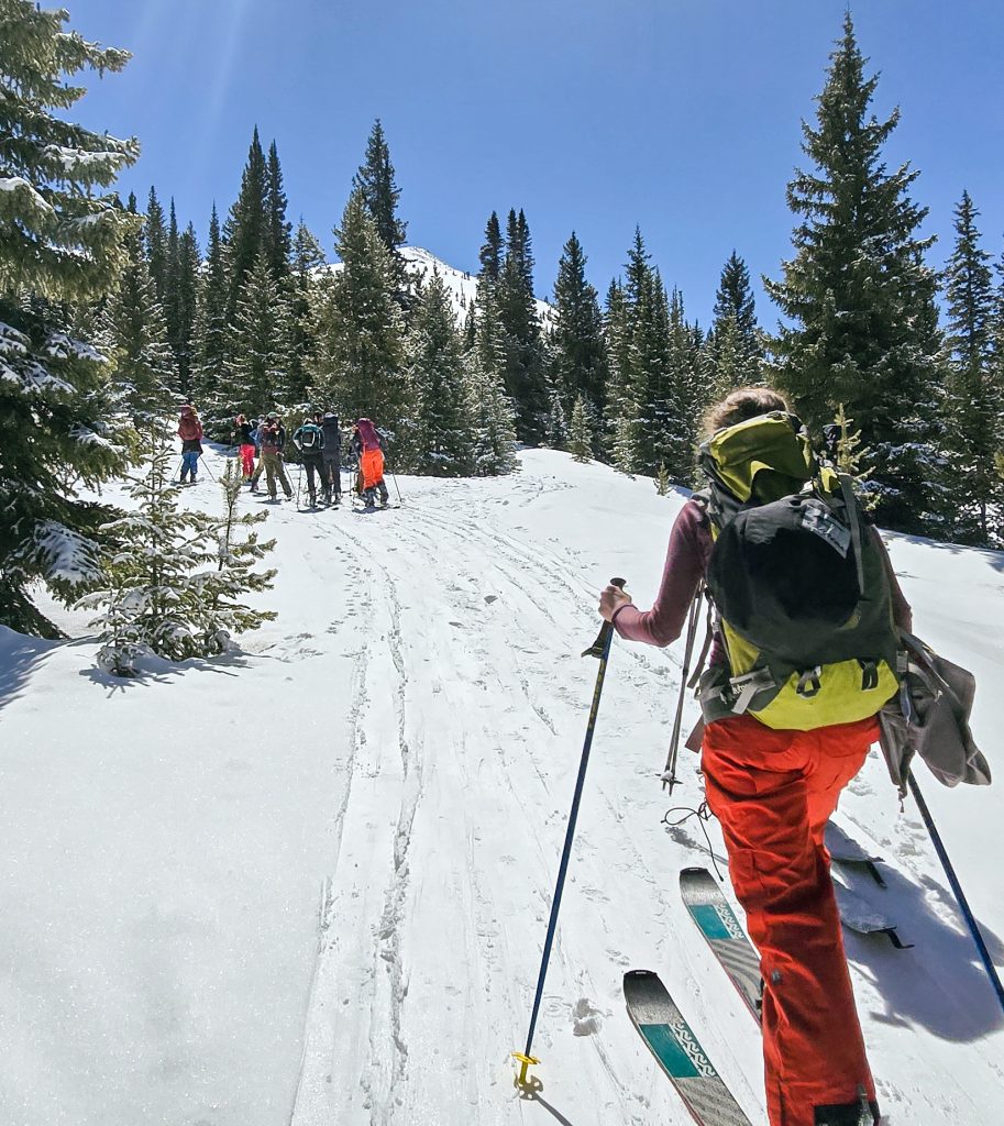 A backcountry skier in red pants and a yellow backpack skinning up a snowy trail toward a group of fellow skiers, surrounded by evergreen trees under a bright blue sky.